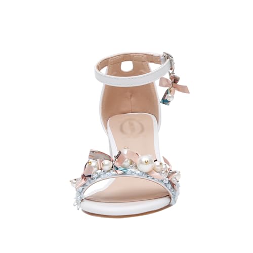 Women's Ankle Strap Block Heel Sandals, White Pearl Bow Decorated,2