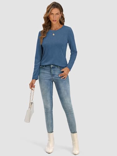 Athmile KB-T0029-BE-S-CM Sweatshirts Womens Long Sleeve T Shirts Crew Neck 2024 Cotton Tshirt Fall Tunic Tops Fitted Shirts Ladies Cloth Tee Underscrub Trendy Outfits Blue thumb #4