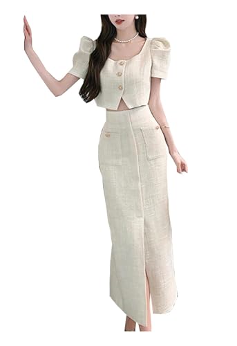 Women's Chic Summer Two Piece Set Square Collar Puff Sleeve Crop Top And High Waist Bodycon Skirts Suit