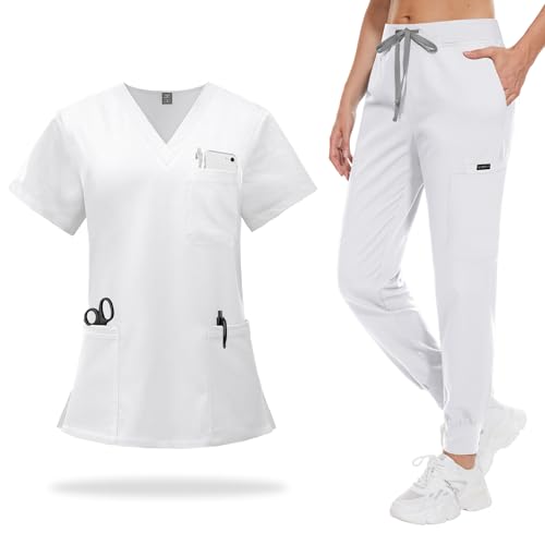 VIAOLI Scrubs for Women Set V-Neck Top and 8 Pocket Jogger Scrub Pant - Medical Uniform Nursing Scrub Set