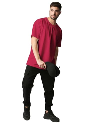 Image of LEOTUDE Half Sleeve Oversized Tshirt for Men, Round Neck Cottonblend Drop Shoulder Solid T-Shirt (Color Multicolor)
