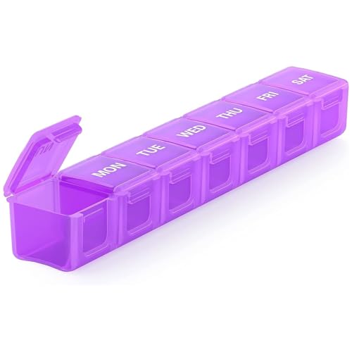Sukuos Extra Large Weekly Pill Organizer, 7 Day Daily Pill Box Case Arthritis Friendly, Silkscreen Printed Medicine Container with Clear Lid for Vitamins, Fish Oils or Supplements (Purple)