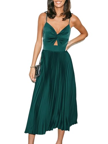 CUPSHE Damen Kleid Satin V-Ausschnitt Ärmellos Freizeitkleider Plissiert Front Twist Party Elegant Maxi Cami Dress Grün S