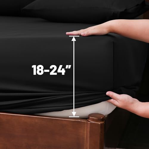 Image of Extra Deep Pocket Queen Sheets 18-24 Inch 100% Egyptian Cotton 1000 Thread Count Sateen Weave Soft Breathable 4 Pieces(Queen,Black)