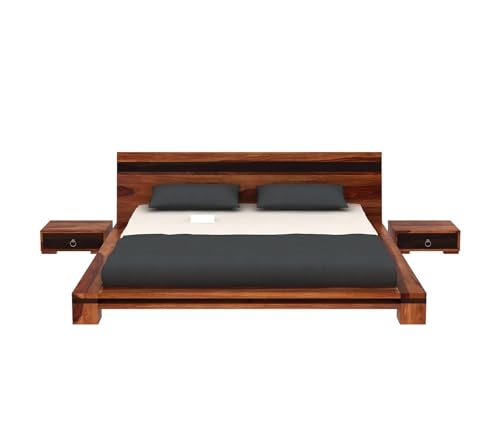Image of Solid Sheesham Wood King Size Cot Bed Without Storage for Bedroom - Wooden King Size Cot for Bedroom - Solid Wooden Double Bed Palang for Home (Reck Walnut)