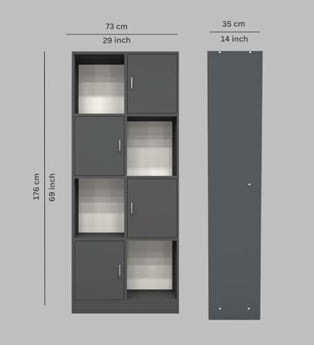 Image of SPECIALITY PANELS 8 Cube Bookshelf with 4 Shutters, Grey, 73x35x176 cm, Free Standing Storage Unit with Carpenter Assembly