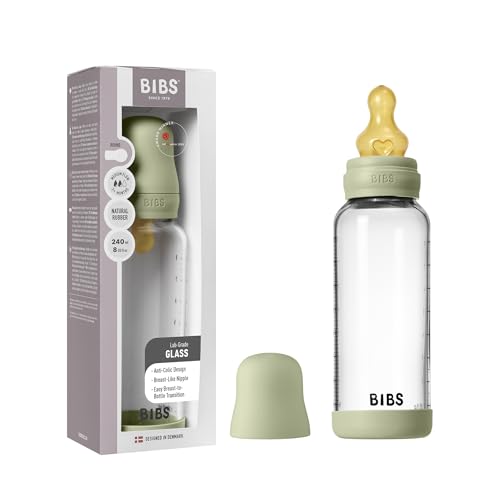 Image of BIBS Baby Glass Bottle. 8 US fl oz / 240 ml. Anti-Colic. Vented Round Natural Rubber Latex Nipple. Supports Natural Breastfeeding, Medium Flow, Complete Set - Sage