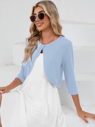 Image of Heymoments Women's 3 /4 Sleeve Casual Shrugs Lightweight Open Front Cropped Cardigan for Dresses