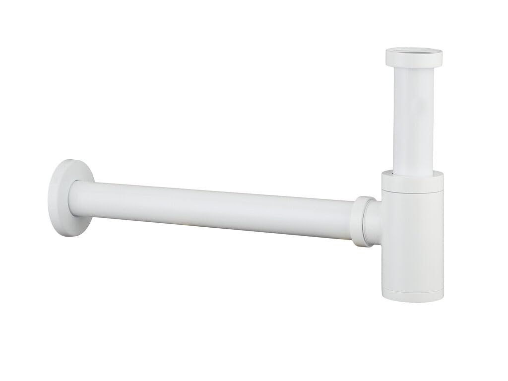 GME Sifón Botella Lavabo G1 1/4" Ø32 mm | Salida 330 mm | Diseño Decorativo Metálico | Acabado Blanco | Instalación Universal