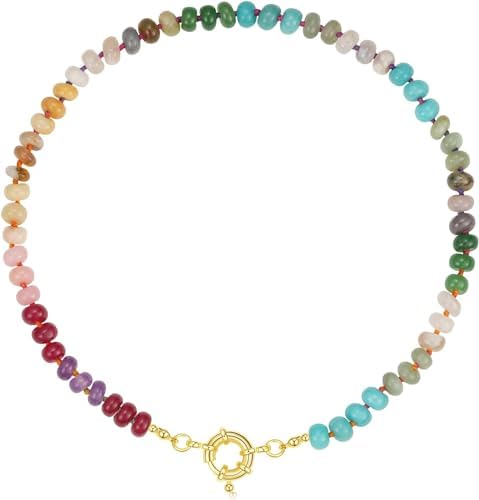 Beaded Gemstone Necklace for Women, Color Boho Bead Choker Necklace Natural Stone Freshwater Pearl Surfer Beach Necklace 14K Gold Plated Summer Handmade Jewelry