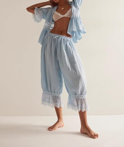 Image of KOSUSANILL Women Long Bloomer Pants Lace Trim Ruffle Pantaloons Cropped Lounge Pajama Bottoms Y2K Capri Pettipants