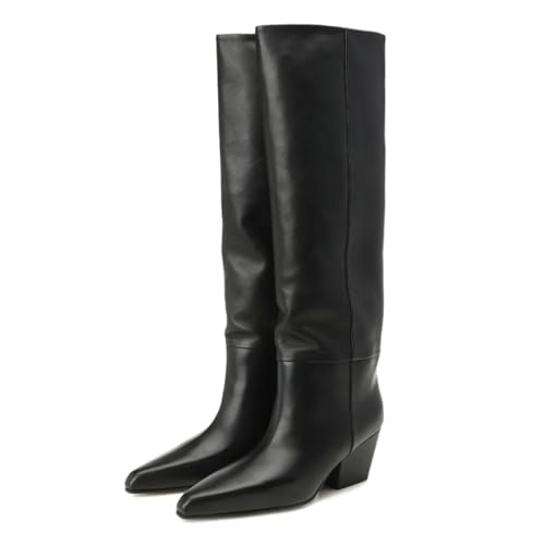 FOWT Women Classic Pointed Toe Chunky Low Heel Knee High Boots Pull on Winter Fall Leisure Daily Long Boots Size 4-16 US2