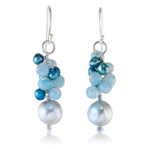 NOVICA Artisan Handmade Cultured Pearl Quartz Dangle Earrings from Thailand Sterling Silver Freshwater Dyed Blue Beaded Birthstone [1.6 in L x 0.4 in W] ' Happy Bunch'