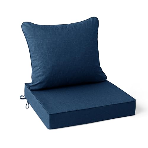 Image of Summsun Outdoor Chair Cushions, Faux Linen Backrest and Seat Cushion Set for Patio Furniture with Weather Resistant Removable Cover, Straps, Non-Slip Bottom, 19 x 19 Inch, Navy