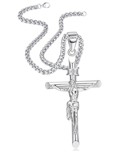 Besteel Sterling Silver Crucifix Necklace for Men Women - Men's Silver Crucifix Pendant Necklace with Stainless Steel Rope Chain Catholic Baptism Jesus Cross Necklace Jewelry