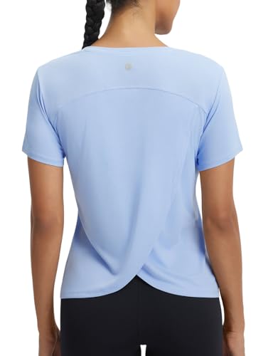 baleaf Womens Short Sleeve Workout Shirts Athletic Tops Sun Protection Breathable T-Shirts Quick Dry Gym Running Tennis Light Blue M