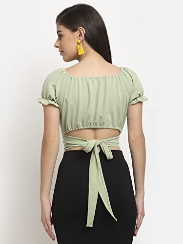 Image of ELEVANTO Women's Ruffle Stylish Short Sleeve Tie Up Back Crop Top Off Shoulder Bardot Blouse /Tops for Summer