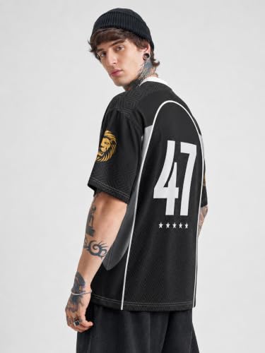 Image of LEOTUDE Men's Oversized Sports Jersey T-Shirt | Premium Streetwear Graphic Tee | Breathable Polyester Casual Athletic Half Sleeve Round Neck Black T-Shirt for Mens (Color : Black)