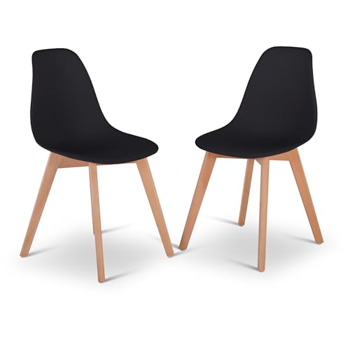 Raburg Küchenstühle 2er-Set – ergonomische Esszimmerstühle aus Kunststoff, Holzbeine Buche in Natur, pflegeleicht & stabil, im skandinavischen Design | Lino | Schwarz