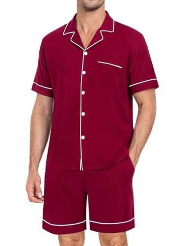 Image of SWOMOG Mens Pajama Set Short Sleeve 2 PCS Sleepwear Button Down Soft Loungewear Modal Set Pj Set with Pockets S-3XL