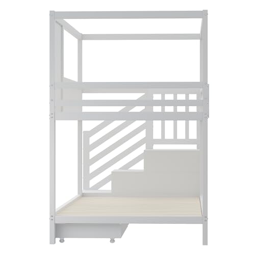 Litera para niños de 90 x 200 cm, cama doble de madera maciza con ventanas, con cajones de almacenamiento y escalera de seguridad, color blanco - imagen 6