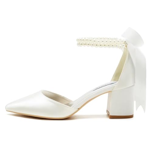 Image of Block Heel Wedding Shoes for Bride Pointed Toe Pearl Wedding Heels Bridal Shoes