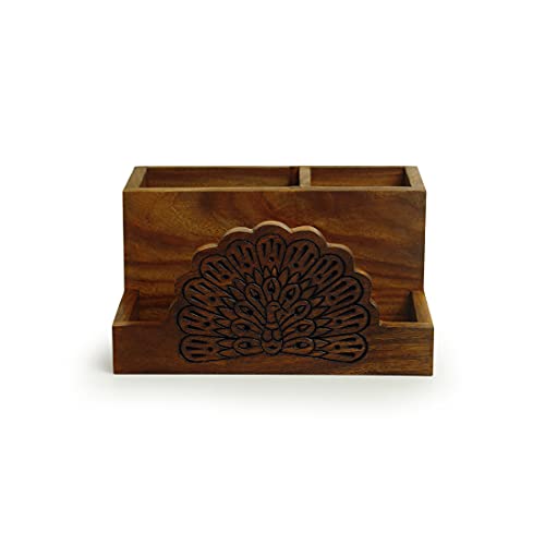 Image of ExclusiveLane 'The Dancing Peacock' Hand Carved Wooden Cutlery Stand & Stationery Holder In Sheesham Wood - Spoon Stand Holder With Napkin Holder Tissue Holder For Dining Table Organizer Spoon Stand
