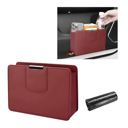 Image of Car Trash Can, Leather Magentic Vehicle Garbage Organizer with One Roll Trash Bag, Foldable Waterproof Dustbin Litter Container Mini Sotrage Bag for Car Truck SUV (Wine Red)