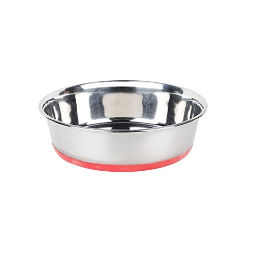 Image of Home Bargains Stainless Steel Water & Food Feeding Pet Bowl with 100% Silicon Bonded Rubber Base | Bowl for Dogs and Cats, Red