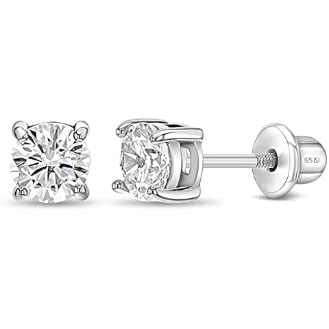 925 Sterling Silver Girl's 4mm Cubic Zirconia Stud Screw Back Earrings, Young Girl's Solitaire Screw Back Locking Earrings for Babies & Toddlers, Newly Pierced Kids Cover