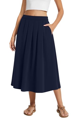 DouBCQ Long Midi Skirt for Women Summer Pleated A Line High Waisted Flared Skirts with Pockets