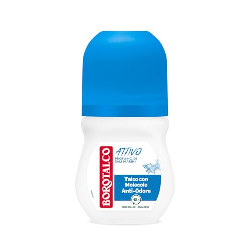 Borotalco, Deodorante Roll On Attivo Blu, Formula Senza Alcool e con Talco con Molecole Anti-Odore, Efficacia Fresca, 48h di Efficacia, Profumo di Sali Marini - 1 Flacone da 50 ml