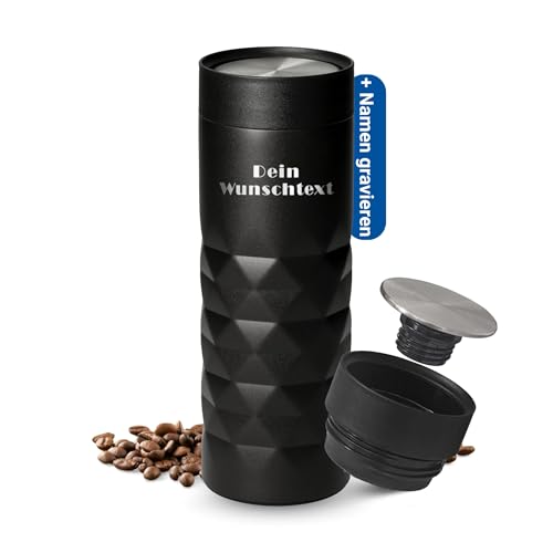Thermobecher personalisiert 450 ml - auslaufsicherer Edelstahl to go Becher - hält mehrere Stunden heiß & kalt - Kaffeebecher to go mit Push-Deckel für Büro, Auto und Uni, Farbe:schwarz