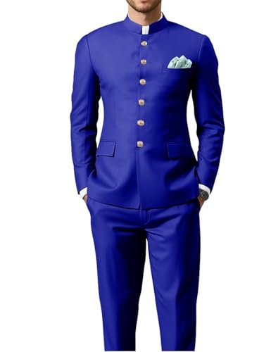 Men's Chinese Tunic Suit Mandarin Collar 2 Piece Slim Fit Traditional Uniform Groom Wedding Blazer Pant Set