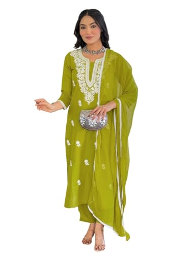 Image of Naixa Women's Pure Cotton Embroidered Straight Kurta with Pant And Dupatta Sets (NX-691)