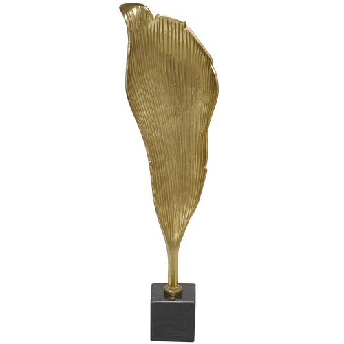 Estatua decorativa de hoja abstracta en aluminio dorado con base de mármol miniatura 1