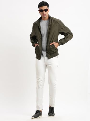 Image of SHOWOFFFF Men Solid Bomber Jacket | Mock Collar Full Sleeves Nylon Jacket for Mens | Slim Fit Regular Length Jacket for Men's
