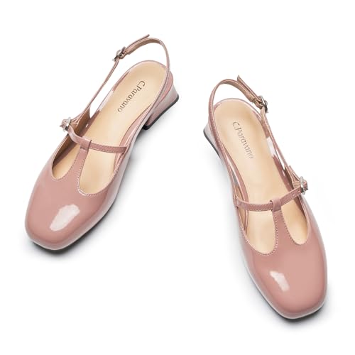 C.Paravano Women's Slingback Pumps | Round Toe Shoes with Adjustable Ankle Strap | Low Heel Mary Jane Pumps | Slip On Dress Shoe(Size 7,Pink)