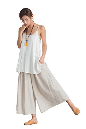 Sellse Women's Linen Cotton Casual Large Size Pants Plus Size Pant with Band Waist White