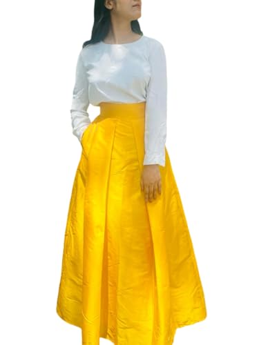 Yellow Pleated High Waist Taffeta Long Skirt with Belt & One Pocket – Handmade Casual Evening Party Skirt for Women3