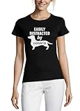 atspauda t-shirt da donna in cotone con scritta easily distracted by wieners, divertente cane wiener, nera, nero , xxl