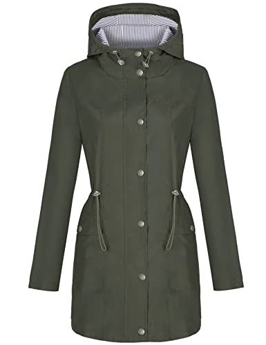 Rain Coats for Women Waterproof Jacket Lightweight Windbreaker Active Outdoor Rain Jacket Hooded Trench Coats Army Green M