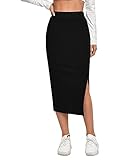 SheIn Women's Basic Plain Ribbed Knit Split Stretchy Pencil Bodycon Midi Skirt Black X-Large