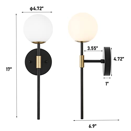 Byoliima Industrial Mid Century Wall Sconce Set Of 2 With White Globe Glass Shades Modern Bathroom Vanity Wall Lamp Black And Gold Finished Wall Light Fixture thumb #3