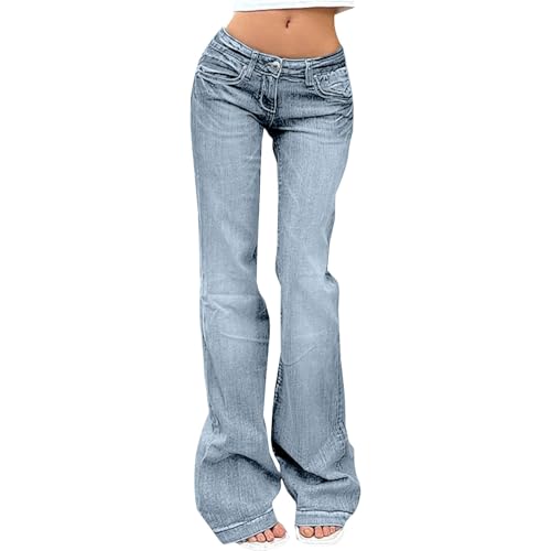 Image of Bootcut Jeans for Women Petite Low Rise Straight Wide Leg Flared Jeans Button Fly Vintage Baggy Loose Fit Bell Bottom Denim Trousers with Pockets,Light Blue,M