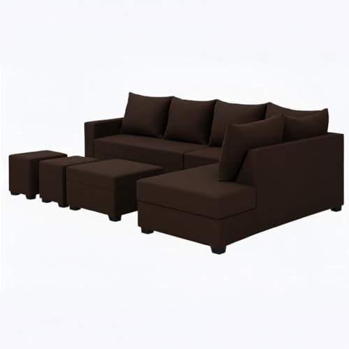 Image of FURNY Gloria 8 Seater Fabric RHS L Shape Sofa Set with 1 Centre Table & 2 Puffy (Dark Brown) | Premium Velvet Finish | Ideal of Living Room
