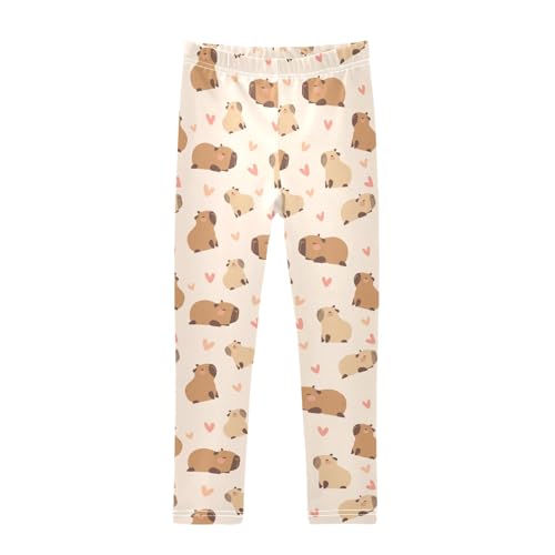 Cartoon Capybara with Hearts Girls Leggings Soft Comfortable Athletic Leggings Dancing Pants for 4-10 Years