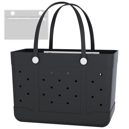 Extra Large Rubber Beach Tote Waterproof Travel Tote Bag for Womens X-L Rubber Handbag Lightweight Beach Bags Waterproof Sandproof (Black)
