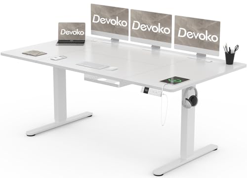 Devoko Höhenverstellbarer Schreibtisch 180x80cm mit Typ-C Ladeanschluss, Schreibtisch Höhenverstellbar Elektrisch, Mobiler Elektrisch Computertisch mit Kabel Management Tray, Weiß
