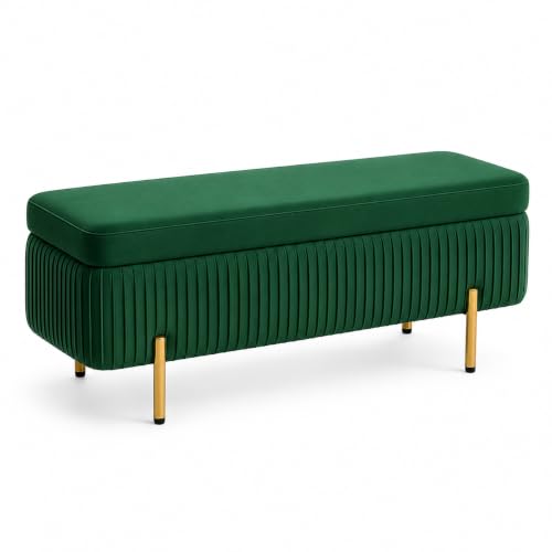 Image of Nutech Decor Velvet Upholstered Flip Top Storage Bench, 2-Seater Ottoman with Hidden Storage, Button Tufted End of Bed Bench for Bedroom, Living Room, Entryway, Hallway & Window Seating